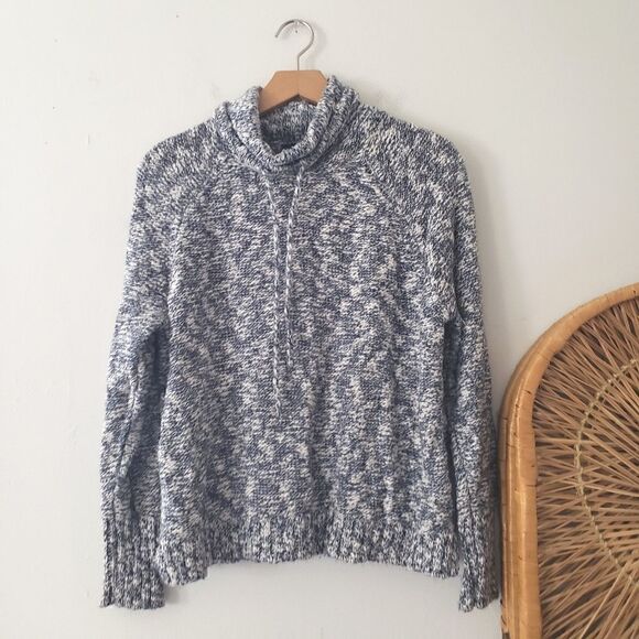 Chaps Cotton Blend Turtleneck Sweater Drawstring Sparkle Blue White Petite L - Picture 1 of 6